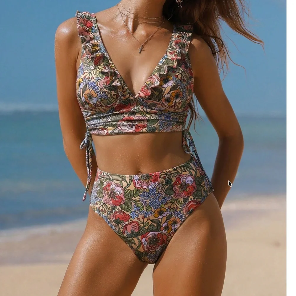 Boho Floral Print V neck Ruffle Detail High Waisted 2 piece Bikini set - Picture 3 of 4
